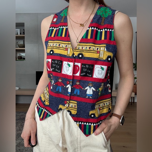 Vintage School Print Sleeveless vest top small - Picture 6 of 12